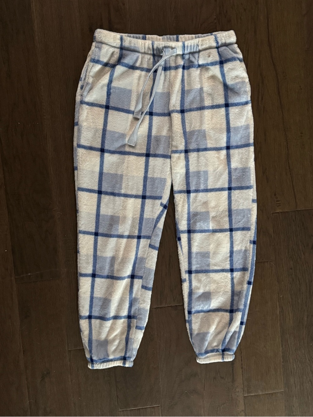 Blue Plaid Fleece Joggers With Drawstring Waist